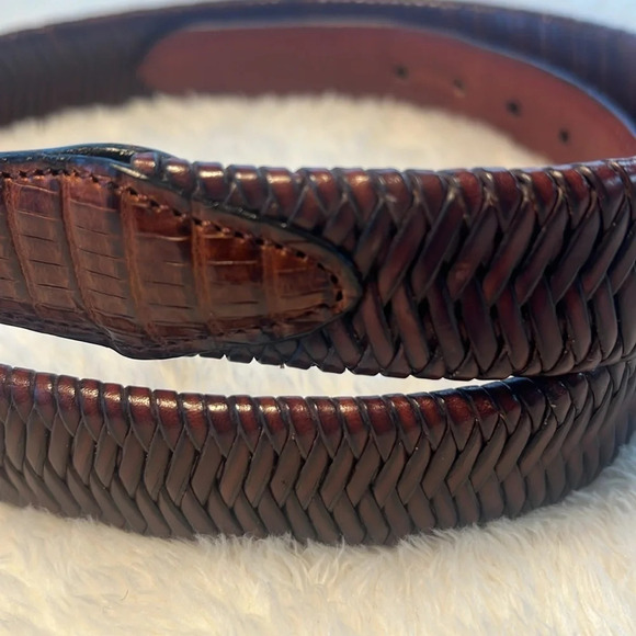Vintage Brown Belt Sz 34 Fishtail Braided Fullgrain Leather Reptile Brass Buckle - Picture 3 of 16